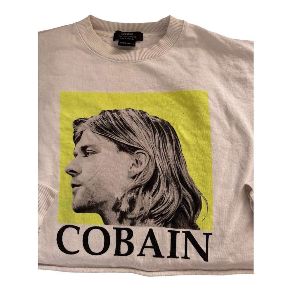Bershka White Kurt Cobain Graphic Lightweight Cropped Sweatshirt